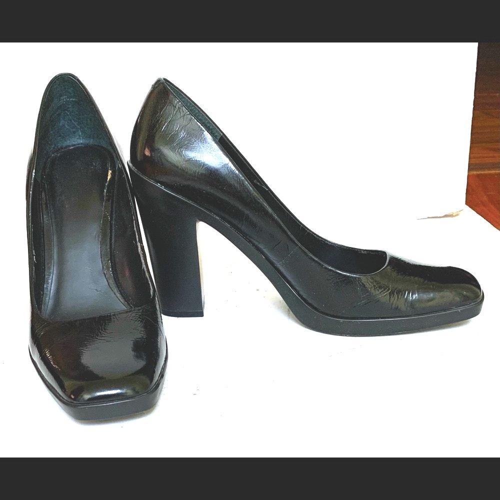 Black real patent leather square toe shoes with platform and light block heels